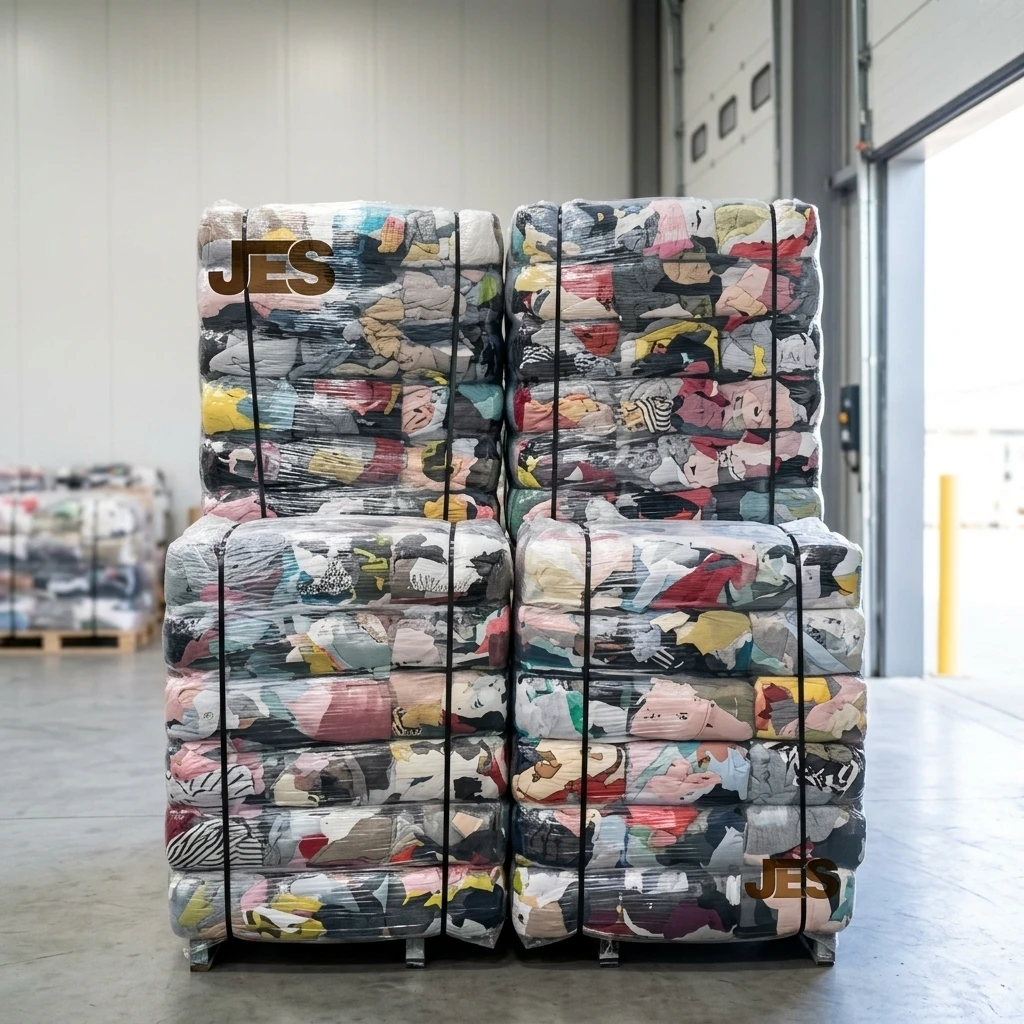 Ballots de textile recyclé compressés et filmés, empilés sur palette